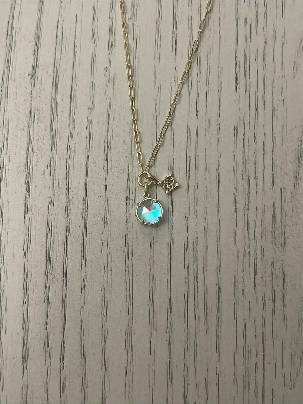 Kendra Scott Gold Necklace with Iridescent Blue-Green Pendant